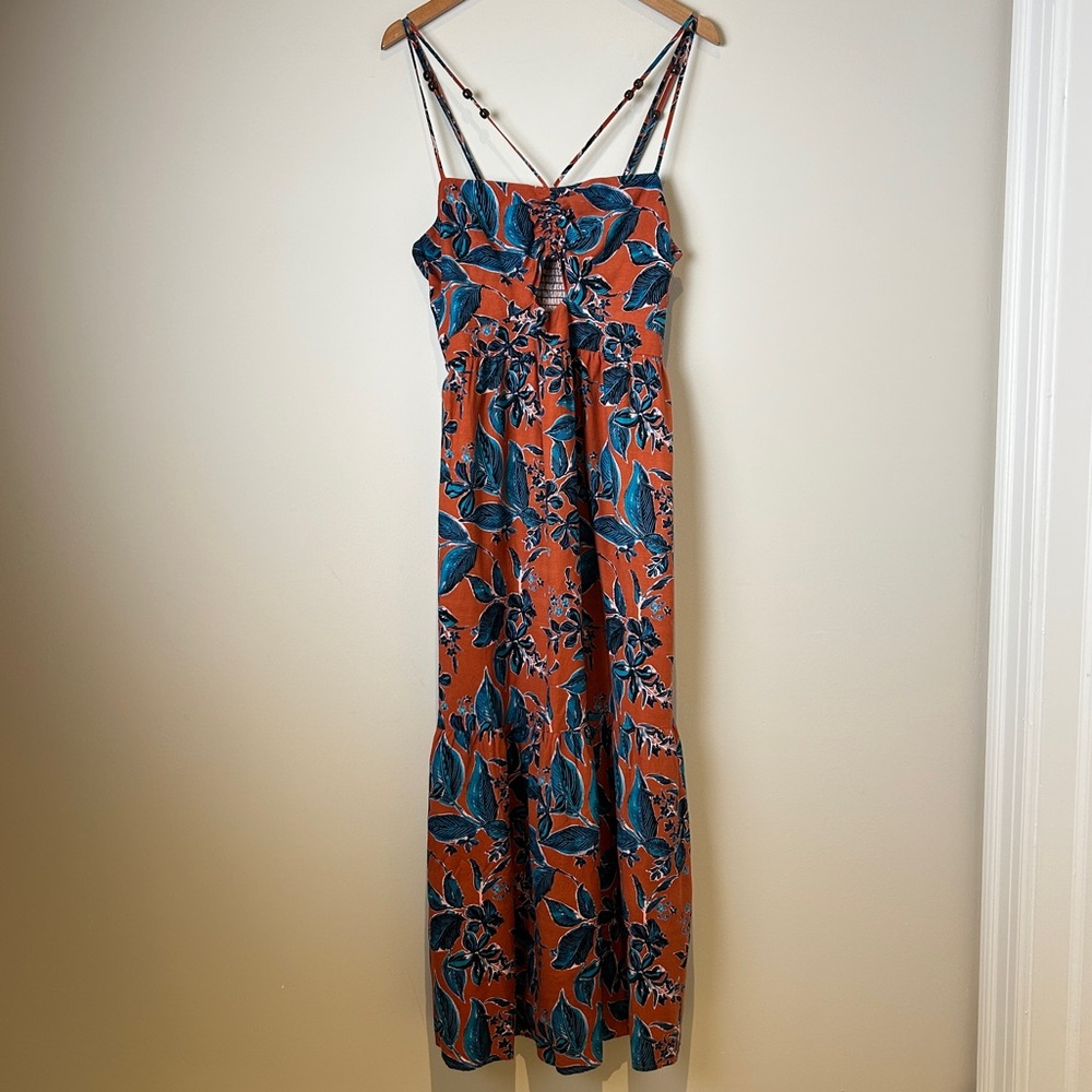 Jason Wu Tropical Floral Linen Blend Boho Midi Dress with Keyhole Cutout & Beads